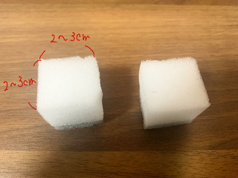 水耕栽培の育苗用培地としてスポンジを使用するときに必要な大きさを示す画像