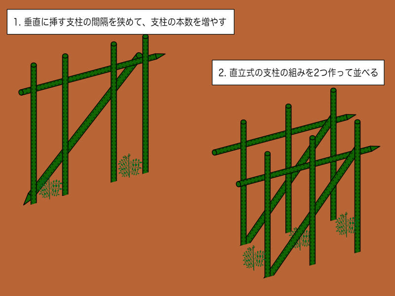 2本仕立ての場合の支柱の立て方について説明した画像です。