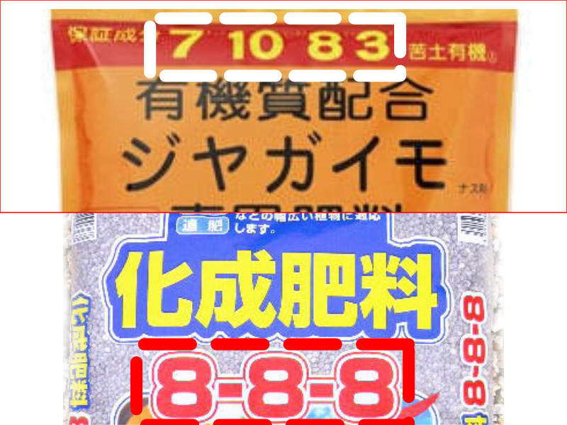 ジャガイモ専用肥料と普通化成肥料の違いを示した画像です。