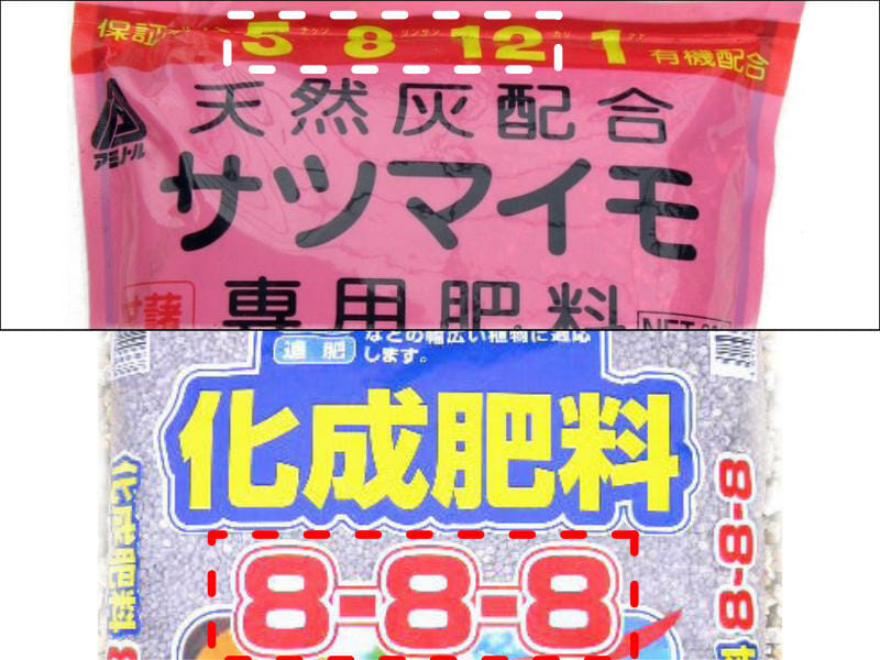 普通化成肥料とサツマイモ専用肥料の違いを示した画像です。