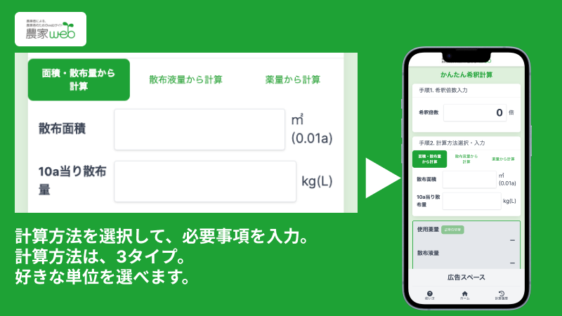 農家webかんたん農薬希釈アプリの使い方手順2の画像です。